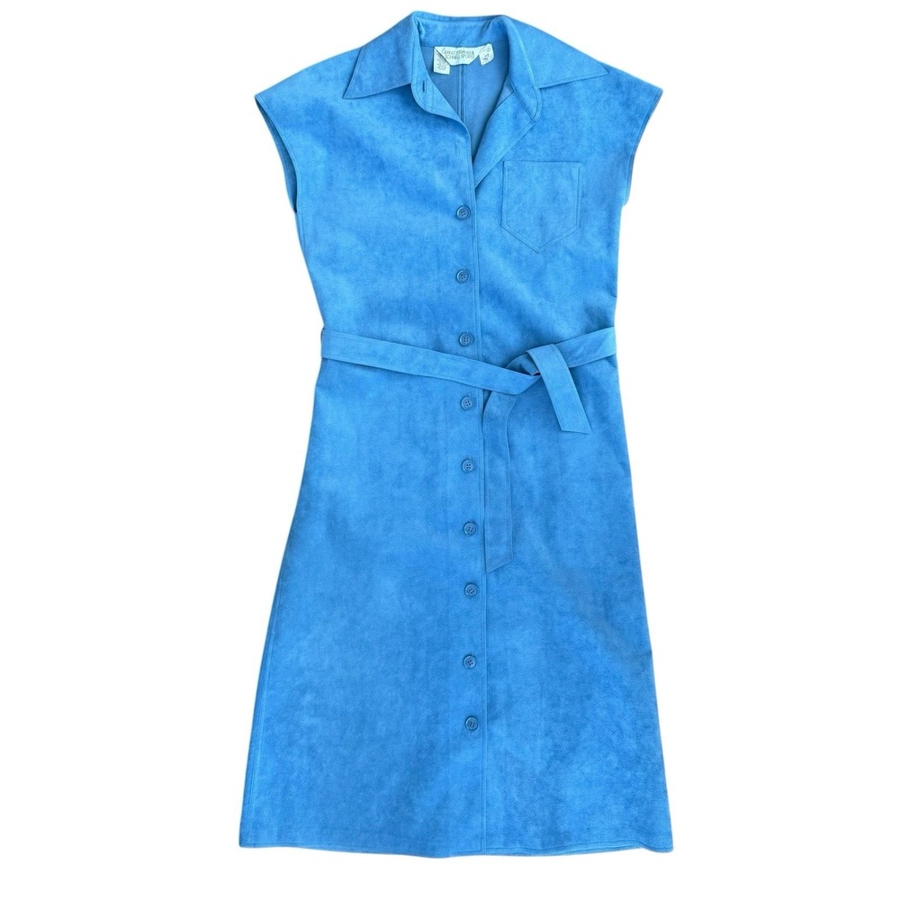 Vintage Ernst Strauss Schnell 1970s 70s Blue Suede Belted Dress USA Size 8